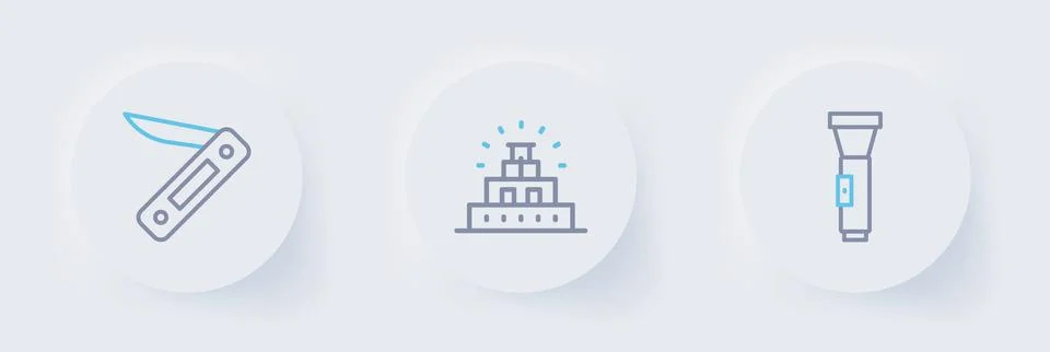 Set line Flashlight, Chichen Itza in Mayan and Swiss army knife icon. Vector Ilustración de archivo