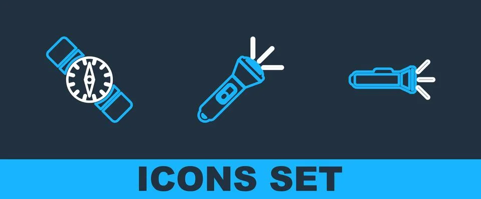Set line Flashlight, Compass and  icon. Vector Stock Illustration