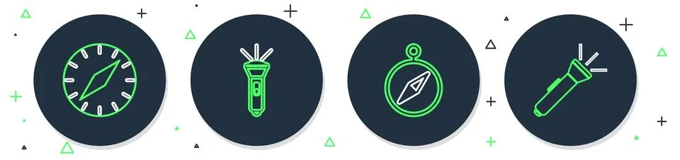 Set line Flashlight, Compass,  and  icon. Vector Stock Illustration