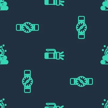Set line Flashlight, Compass and Campfire on seamless pattern. Vector 스톡 일러스트