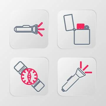 Set line Flashlight, Compass, Lighter and  icon. Vector Stock Illustration