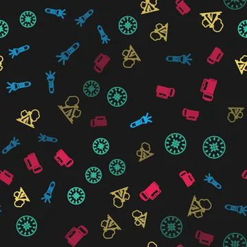 Set line Flashlight, Compass, Tourist tent with flag and on seamless pattern 스톡 일러스트