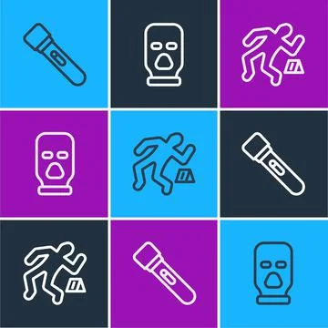 Set line Flashlight, Crime scene and Balaclava icon. Vector 스톡 일러스트