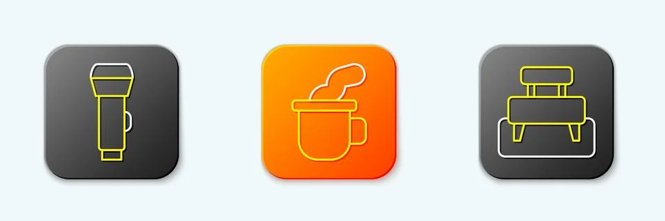 Set line Flashlight, Cup of tea and Bench icon. Vector Stock Illustration
