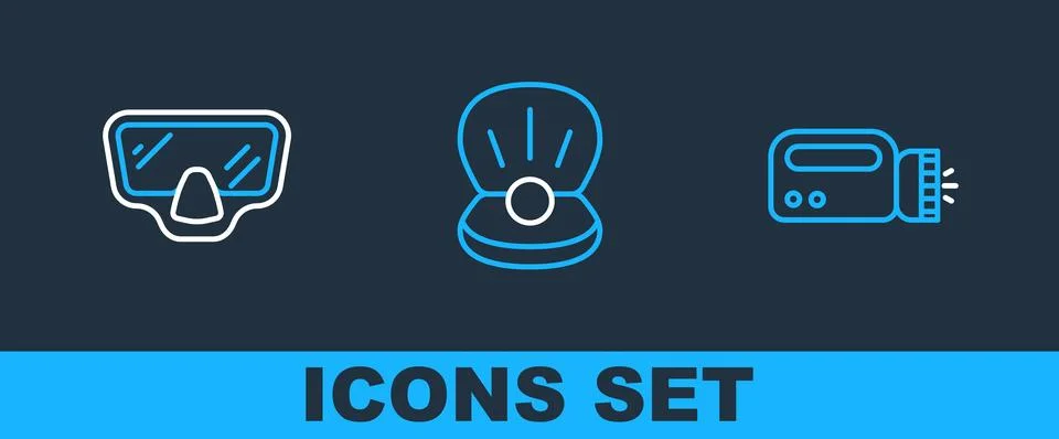 Set line Flashlight for diver, Diving mask and Pearl icon. Vector Stock Illustration