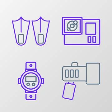 Set line Flashlight, Diving watch, Action camera and Rubber flippers icon. .. Stock Illustration