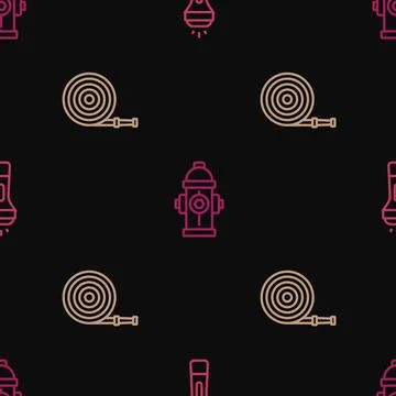 Set line Flashlight, Fire hose reel and hydrant on seamless pattern. Vector Illustrazione stock
