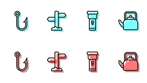 Set line Flashlight, Fishing hook, Road traffic signpost and Kettle with handle Illustration