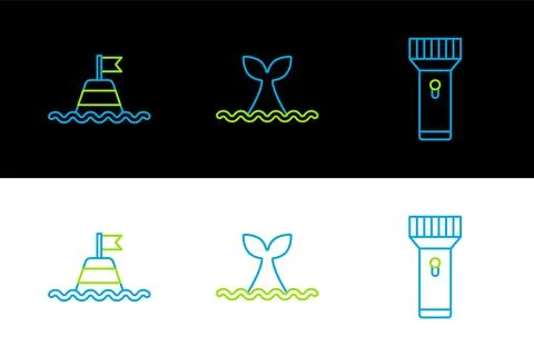 Set line Flashlight, Floating buoy on the sea and Whale tail ocean wave icon Illustrazione stock