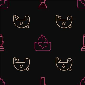 Set line Flashlight, Fur seal animal and Iceberg on seamless pattern. Vector Stock Illustration