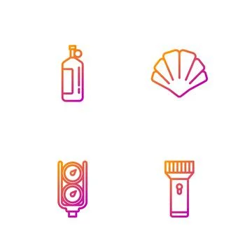 Set line Flashlight, Gauge scale, Aqualung and Scallop sea shell. Gradient color Stock Illustration