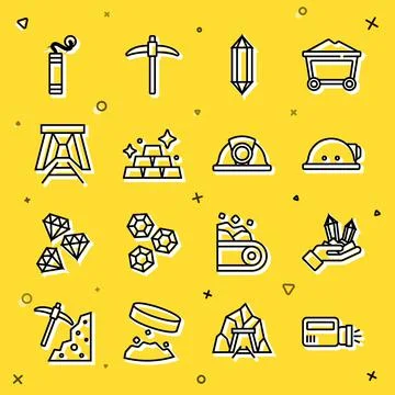 Set line Flashlight, Gem stone, Miner helmet, Gold bars, entrance, Dynamite and Illustrazione stock