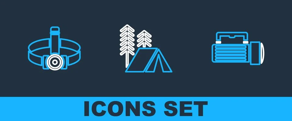 Set line Flashlight, Head flashlight and Tourist tent icon. Vector Stock Illustration