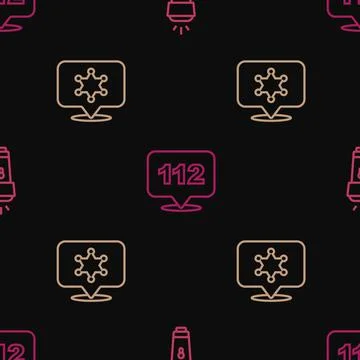 Set line Flashlight, Hexagram sheriff and Telephone call 112 on seamless pattern Stock Illustration