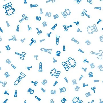 Set line Flashlight, Hiking backpack and War axe on seamless pattern. Vector Illustrazione stock