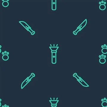 Set line Flashlight, Hunter knife and Paw print on seamless pattern. Vector Stock Illustration