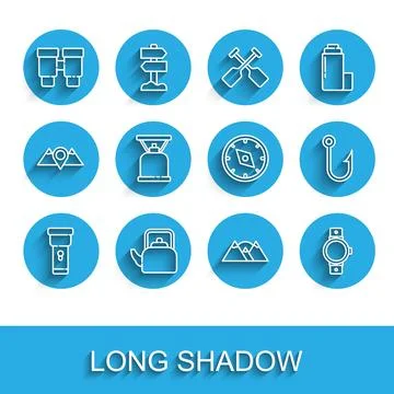 Set line Flashlight, Kettle with handle, Binoculars, Mountains, Smartwatch Illustration