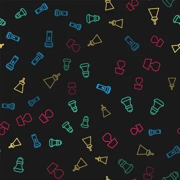 Set line Flashlight, LED bulb, Lamp hanging and Table lamp on seamless pattern イラスト素材