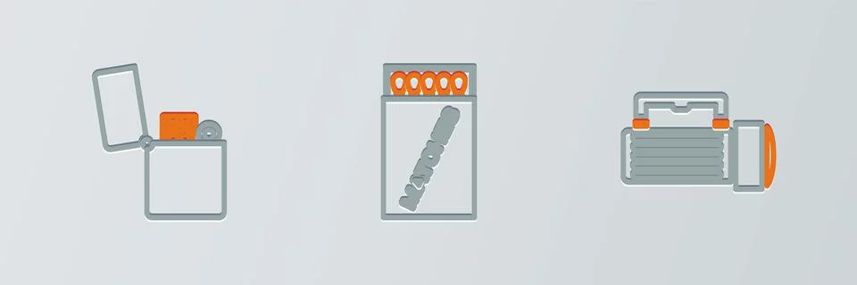 Set line Flashlight, Lighter and Open matchbox and matches icon. Vector Stock Illustration