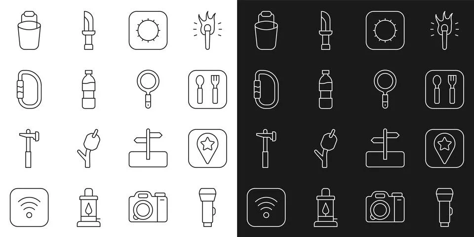 Set line Flashlight, Location for camping, Fork and spoon, Sun, Bottle of w.. Illustration