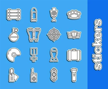 Set line Flashlight, Military ammunition box, reward medal, Human target sp.. Stock Illustration