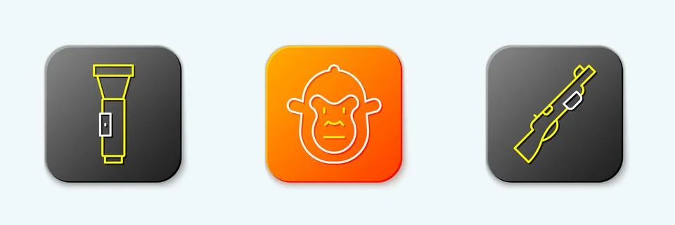 Set line Flashlight, Monkey and Hunting gun icon. Vector Stock Illustration