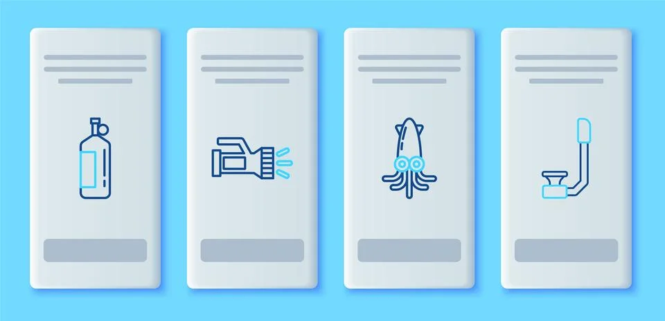 Set line Flashlight, Octopus, Aqualung and Snorkel icon. Vector Illustrazione stock