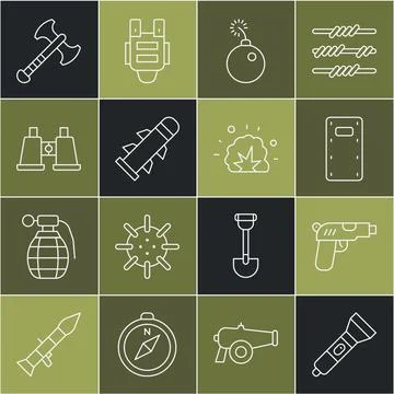 Set line Flashlight, Pistol or gun, Military assault shield, Bomb ready explode Illustrazione stock