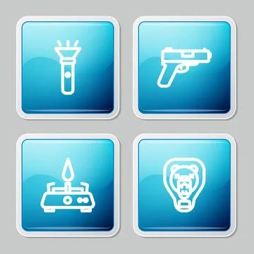 Set line Flashlight, Pistol or gun, Camping gas stove and Bear head on shie.. Stock Illustration