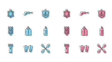 Set line Flashlight, Rubber flippers, Turtle, Paddle, Aqualung, Gauge scale.. Stockillustratie