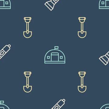 Set line Flashlight, Sapper shovel and Military barracks on seamless pattern Stock Illustration