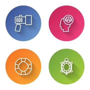 Set line Flashlight, Scallop sea shell, Lifebuoy and Turtle. Color circle button 스톡 일러스트