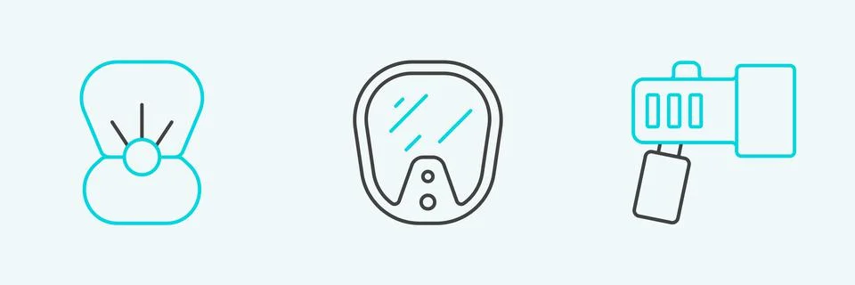 Set line Flashlight, Shell with pearl and Diving mask icon. Vector Stock Illustration