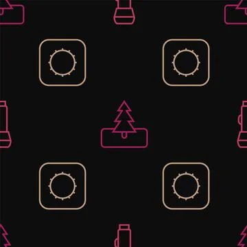 Set line Flashlight, Sun and Tree on seamless pattern. Vector Illustrazione stock