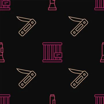 Set line Flashlight, Swiss army knife and Animal cage on seamless pattern Ilustración de archivo