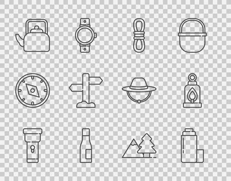 Set line Flashlight, Thermos container, Climber rope, Bottle of water, Kettle Illustration