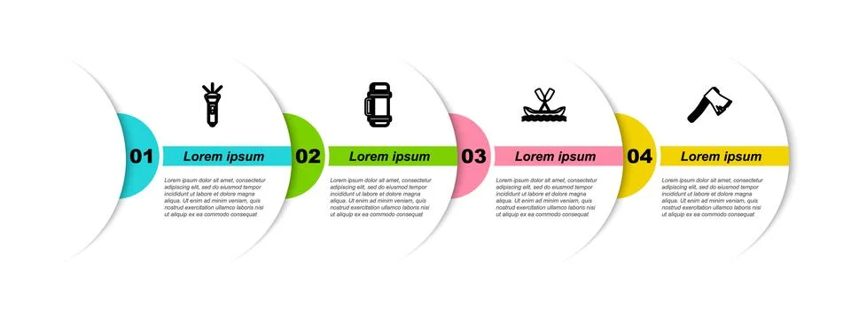Set line Flashlight, Thermos container, Rafting boat and Old wooden axe. Busi Illustration