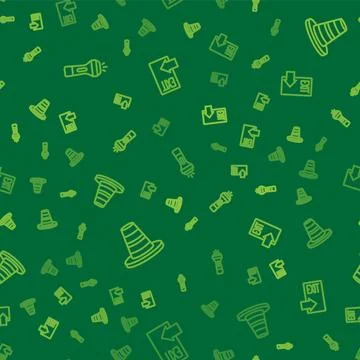 Set line Flashlight, Traffic cone and Fire exit on seamless pattern. Vector 스톡 일러스트