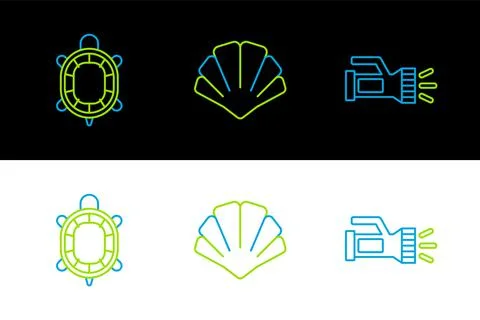 Set line Flashlight, Turtle and Scallop sea shell icon. Vector Stock Illustration