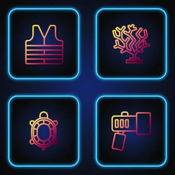 Set line Flashlight, Turtle, Life jacket and Coral. Gradient color icons. Vector Stock Illustration