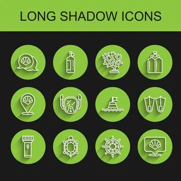 Set line Flashlight, Turtle, Scallop sea shell, Ship steering wheel, Diving mask Illustrazione stock