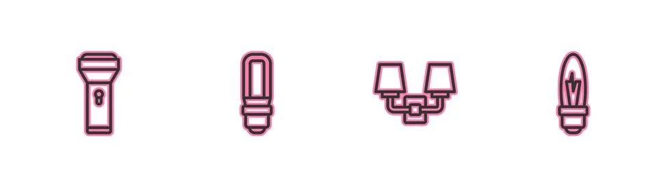 Set line Flashlight, Wall lamp or sconce, LED bulb and Light icon. Vector Stock Illustration