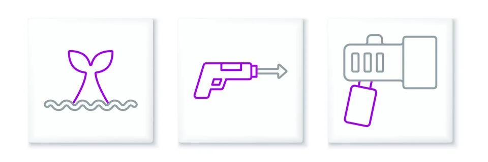 Set line Flashlight, Whale tail in ocean wave and Fishing harpoon icon. Vecto Illustrazione stock