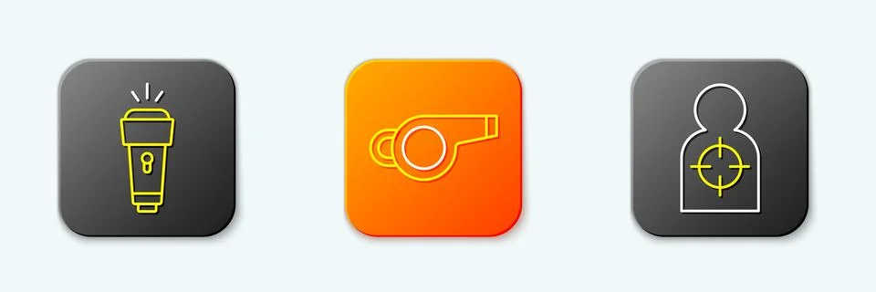 Set line Flashlight, Whistle and Human target sport for shooting icon. Vector Stock Illustration