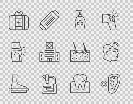 Set line Flat foot, Deaf, Liquid antibacterial soap, Microscope, First aid kit Illustrazione stock