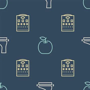 Set line Flat foot, Eye test chart and Apple on seamless pattern. Vector 스톡 일러스트