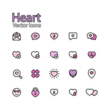 Set of line flat icon heart and love. Valentines day. Simple pictograms pack. Stock Illustration