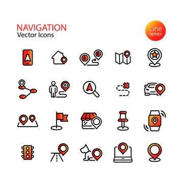 Set of line flat navigation icons. Map location, pin, destination, GPS, mobil Stock Illustration