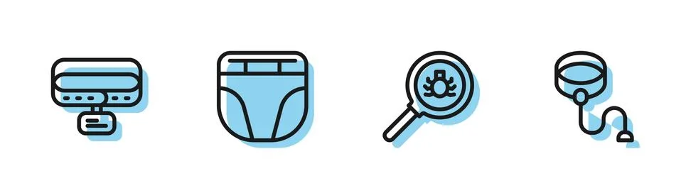 Set line Flea search, Collar with name tag, Diaper for dog and Retractable cord Stock-Illustration