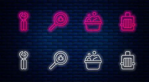 Set line Flea search, Pets bath, nail clippers and carry case. Glowing neon icon Stock Illustration